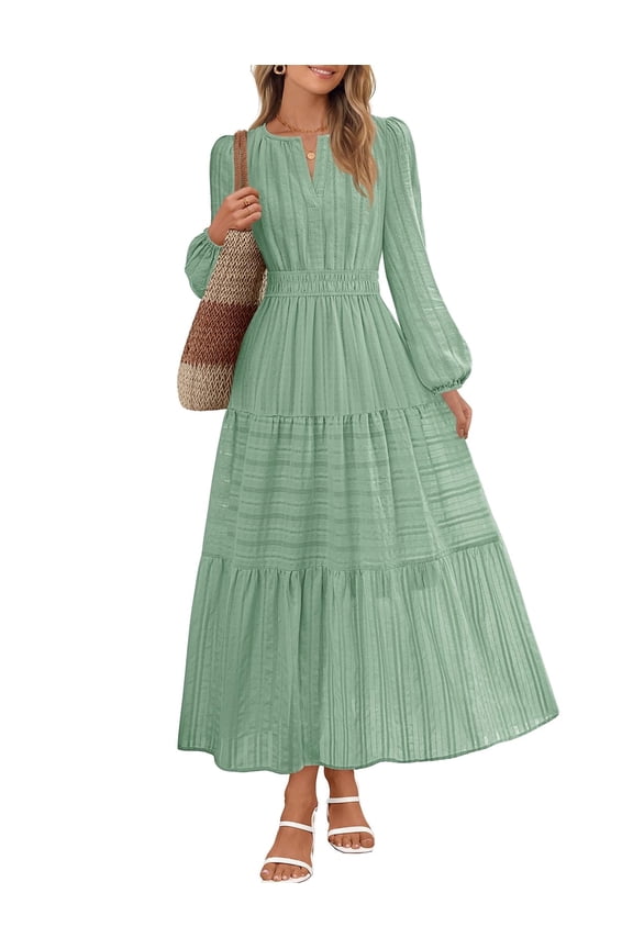 Womens Fall Casual Long Sleeve V Neck Tiered Cotton Maxi Dress Sage m