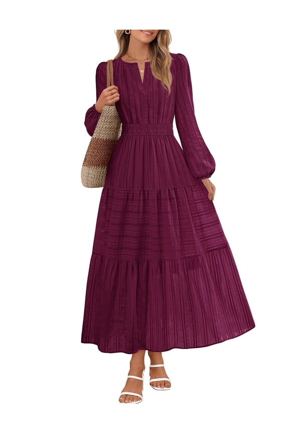 Womens Fall Casual Long Sleeve V Neck Tiered Cotton Maxi Dress Wine l
