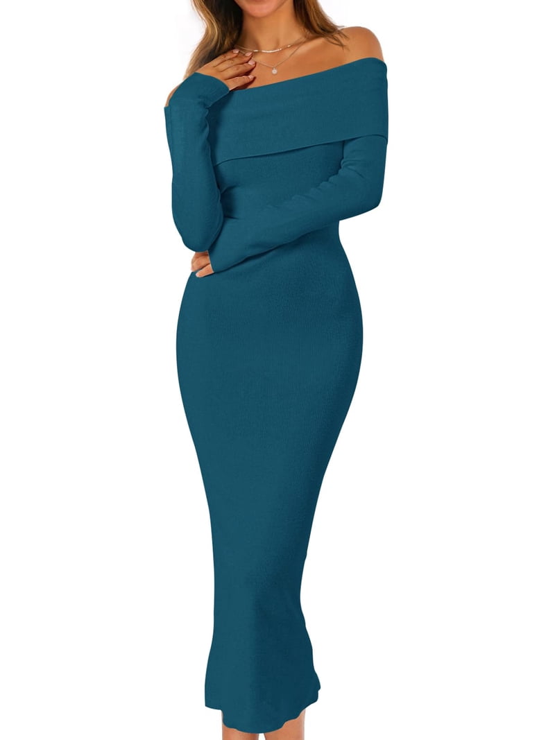 teal winter formal dresses MEROKEETY Womens Fall for Women Off Shoulder Long Sleeve Bodycon Midi Sweater Dress, M Trouser