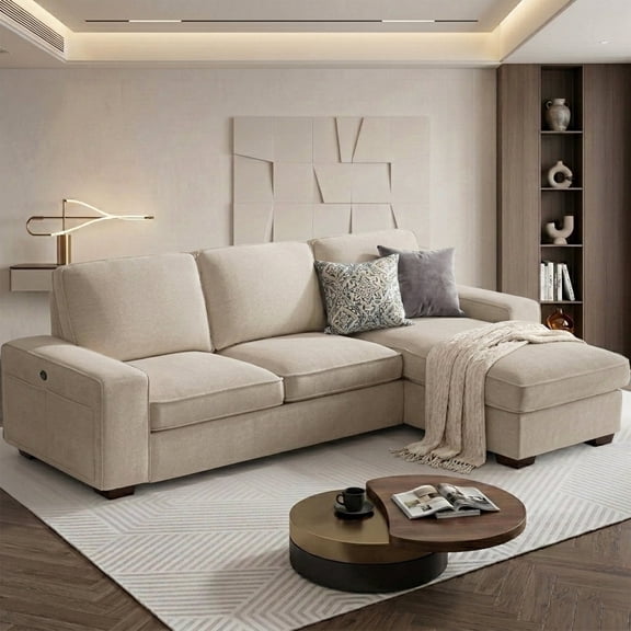 MEROUS Sectional Sofa, 99" L-Shaped Convertible Couch with Storage Chaise and USB Type-C Ports, Modern Chenille Fabric Living Room Furniture, Beige