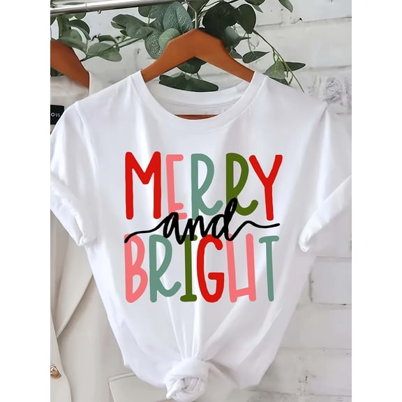 MERRY AND BRIGHT Letter Print T-shirt, Short Sleeve Crew Neck Casual Top for Summer & Spring, Women's Clothing