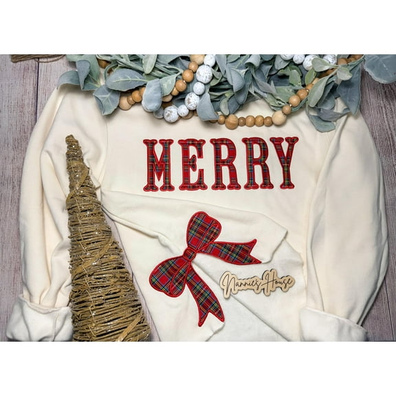 MERRY Applique Christmas Plaid Sweatshirt with Trending Applique Sidebows