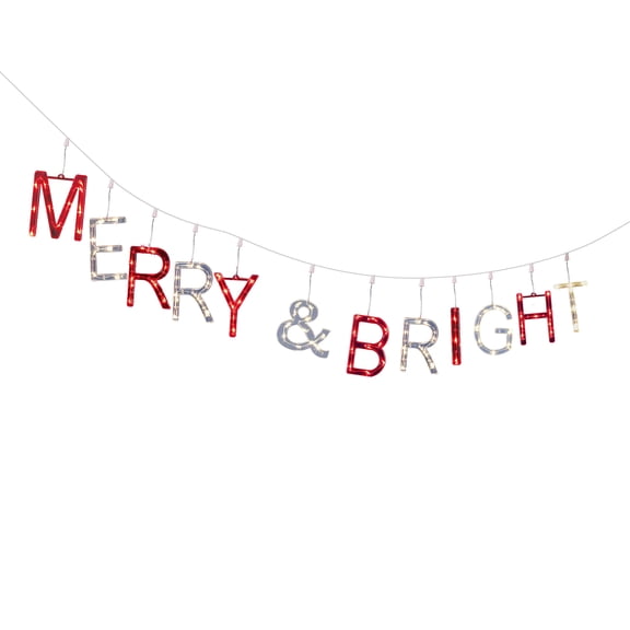 Indoor/Outdoor Light-Up Merry and Bright Christmas Banner with 104 LED Lights, Red and Warm White, 9', by Holiday Time