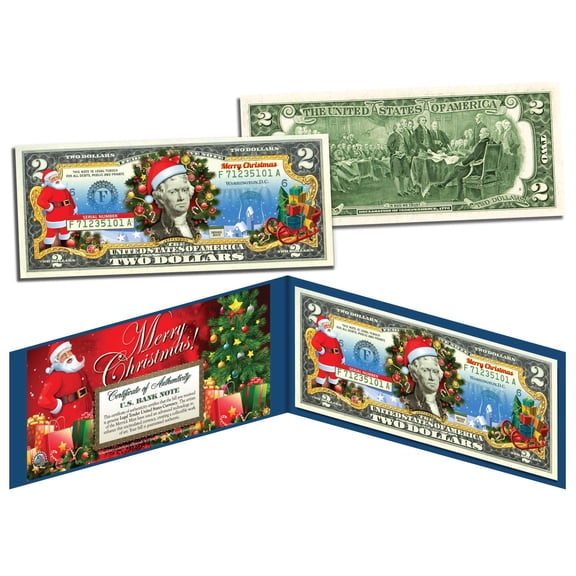 MERRY CHRISTMAS Colorized $2 Bill U.S. Legal Tender SANTA SLEIGH Jingle Bucks