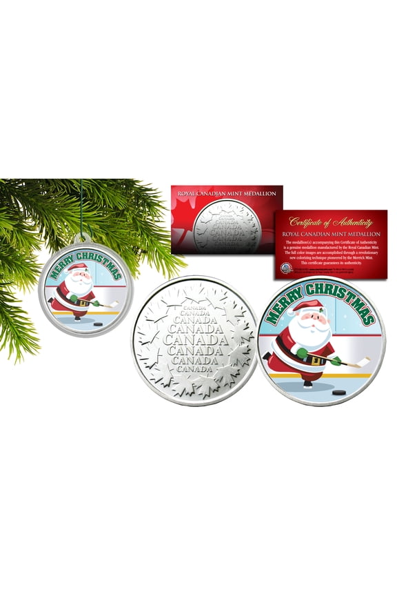 MERRY CHRISTMAS Santa Playing Hockey RCM Medallion Canada Coin XMAS Tree Capsule