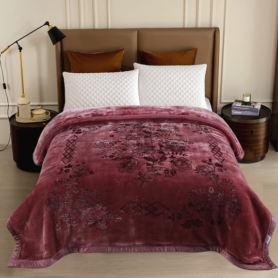 MERRY HOME 2 Ply Double-side Fleece Blanket, Warm Thick Bed Blanket, Embossed Design Soft Polyester Raschel Blanket, 87"x 94" Bed Blanket for Winter, 10.5 lbs