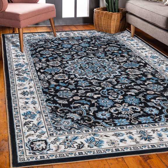 MERRY HOME Area Rug Vintage Printed Carpet, Lightweight Anti-Slip Foldable Washable Indoor Rug,4'x6',Navy