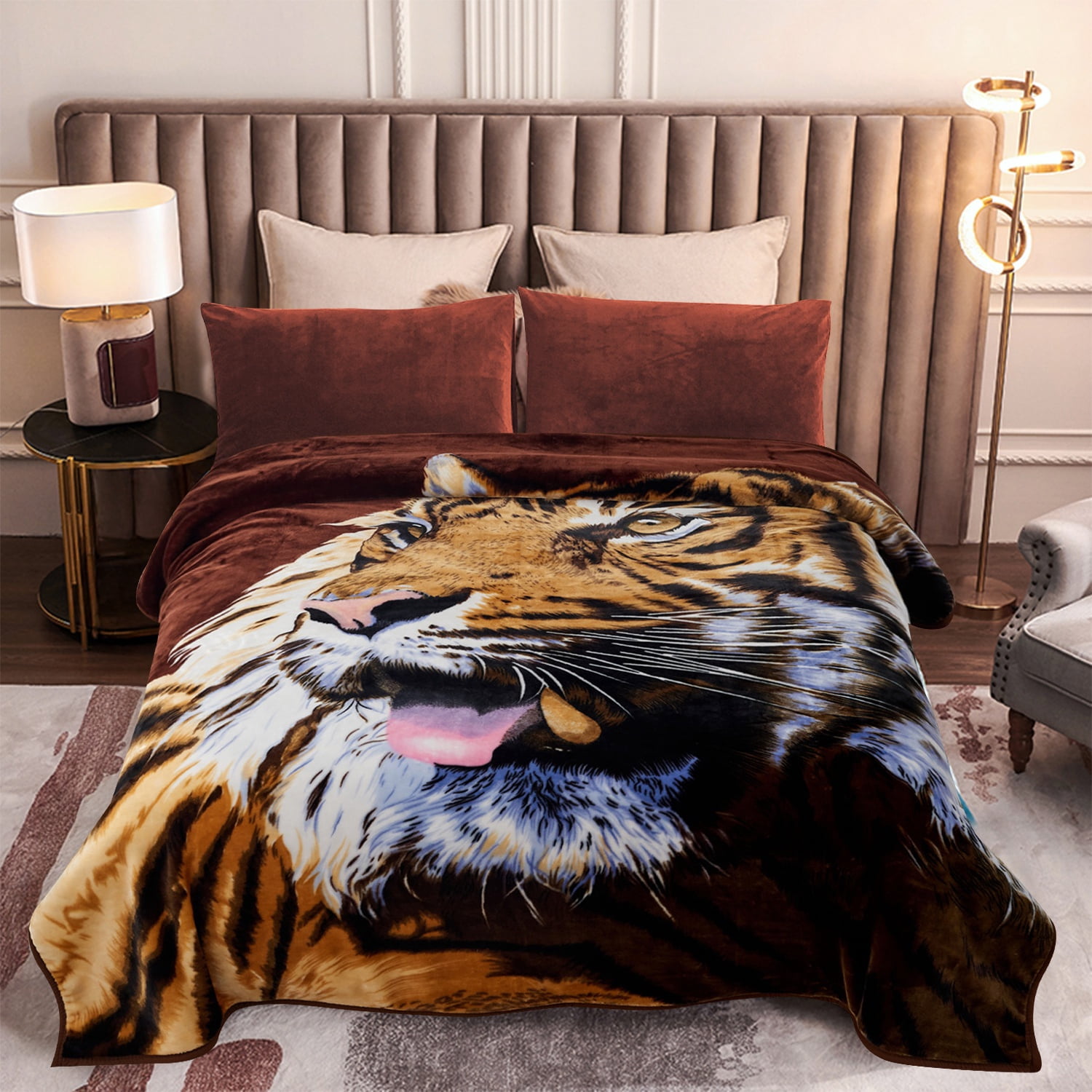 MERRY HOME Full/Queen Size Fleece Blanket For Bed, A & B Patterns Soft Warm Animal Blanket, Microfiber Plush Middle Weight Bed Blanket For All Season, Leopard /Tiger, 5LB, 75"x87"