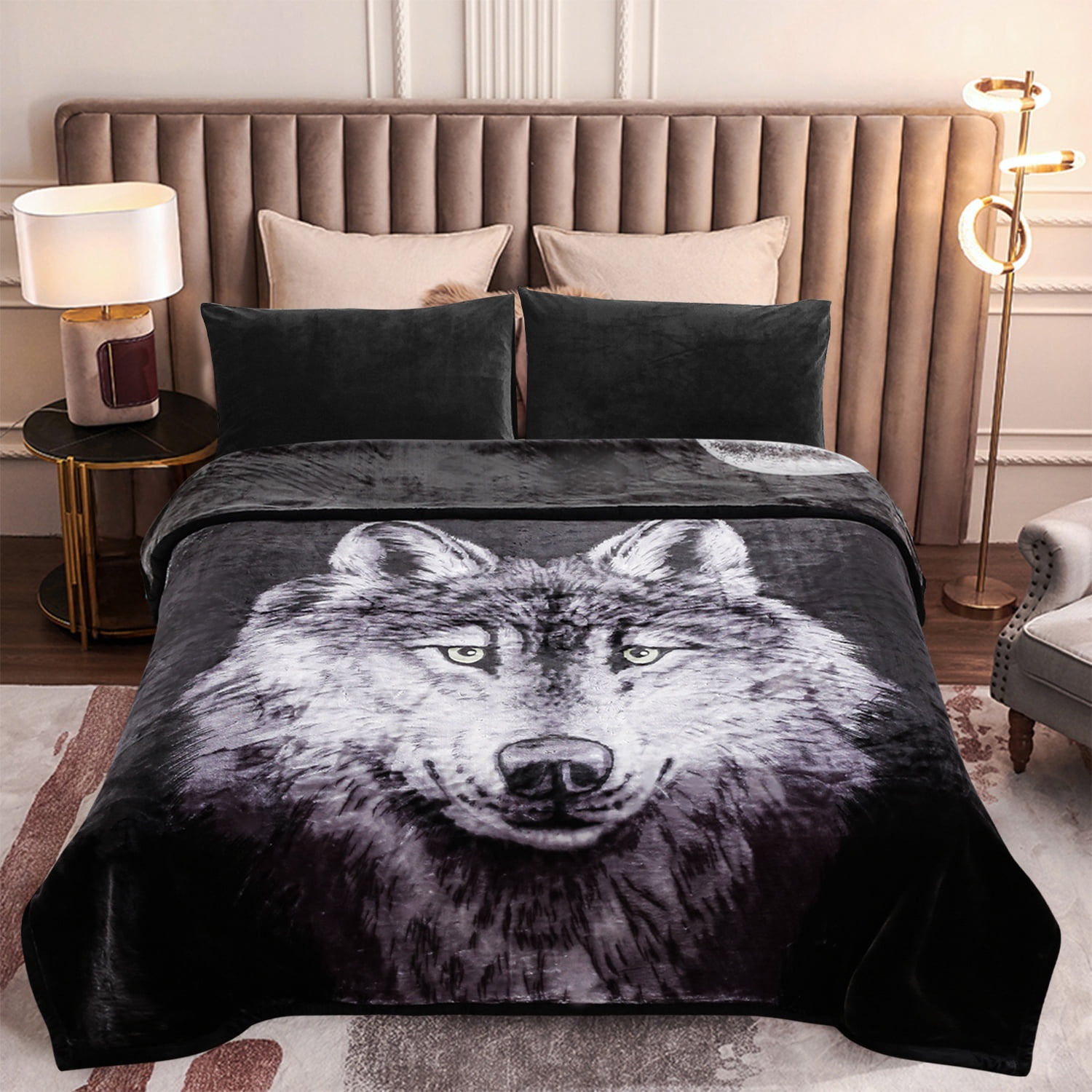 MERRY HOME Full/Queen Size Fleece Blanket For Bed, A & B Patterns Soft Warm Animal Blanket, Microfiber Plush Middle Weight Bed Blanket For All Season, Moon Wolf /Wolf, 5LB, 75"x87"