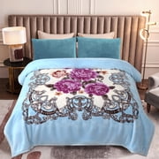 MERRY HOME Full/Queen Size Fleece Blanket For Bed, A & B Patterns Soft Warm Floral Blanket, Microfiber Plush Bed Blanket For All Season, Light Blue Background Pink Peony/ Peony, 5LB, 75"x87"