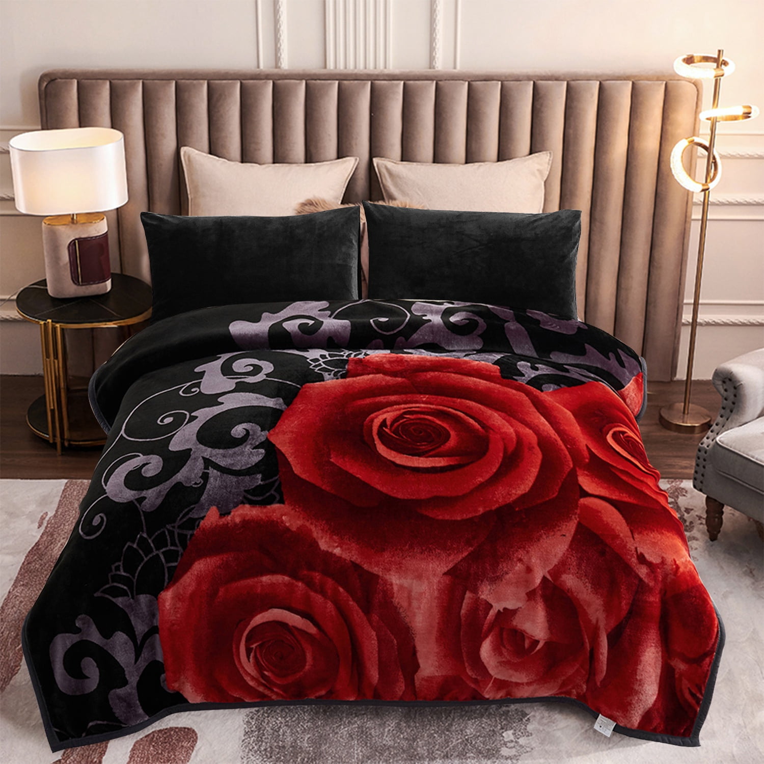 MERRY HOME Full/Queen Size Fleece Blanket For Bed, A & B Patterns Soft Warm Floral Blanket, Microfiber Plush Middle Weight Bed Blanket For All Season, Black Background Red Rose/Lily, 5LB, 75"x87"