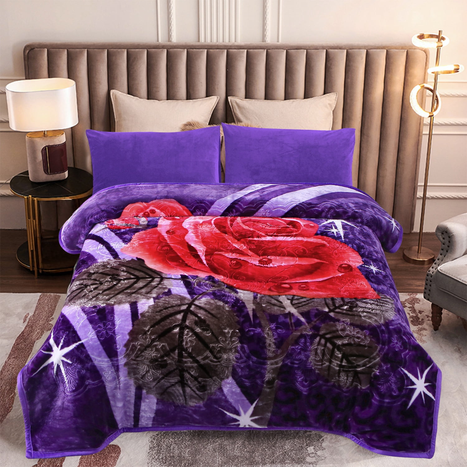 MERRY HOME Full/Queen Size Fleece Blanket For Bed, A & B Patterns Soft Warm Floral Blanket, Microfiber Plush Middle Weight Bed Blanket For All Season, Purple Background Rose/Camellia, 5LB, 75"x87"