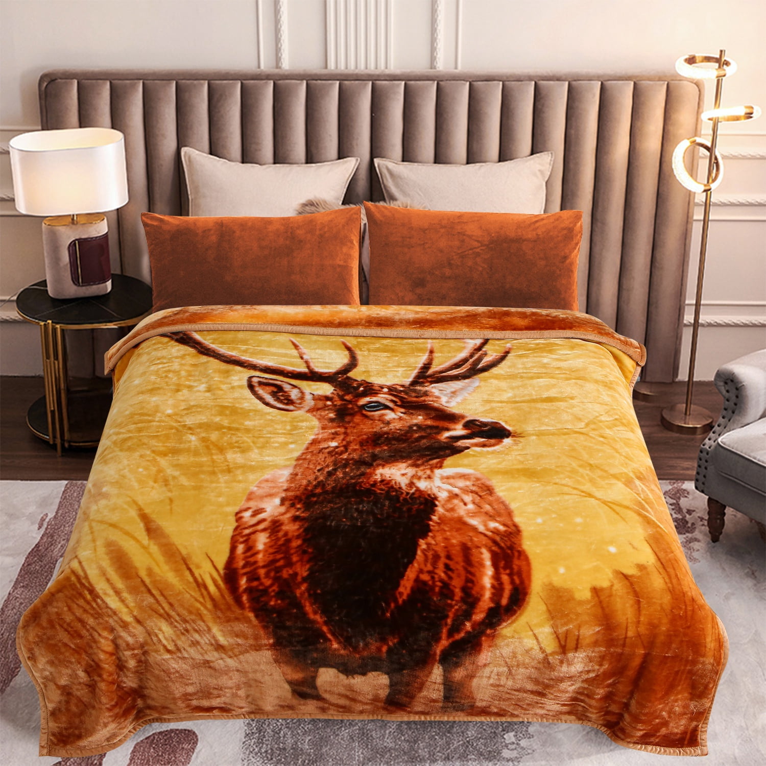 MERRY HOME King Size Fleece Blanket For Bed, A & B Patterns Soft Warm Animal Blanket, Microfiber Plush Middle Weight Bed Blanket For All Season, Deer /Elephant, 5.7LB, 83"x91"