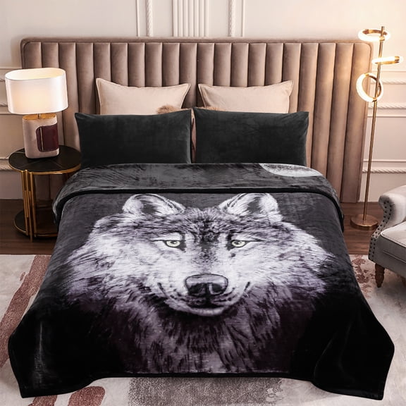 MERRY HOME King Size Fleece Blanket For Bed, A & B Patterns Soft Warm Animal Blanket, Microfiber Plush Middle Weight Bed Blanket For All Season, Moon Wolf /Wolf, 5.7LB, 83"x91"