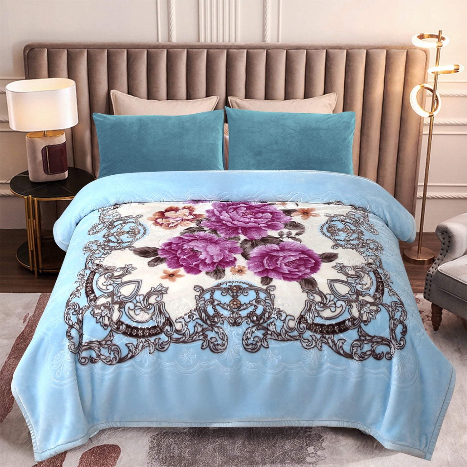 MERRY HOME King Size Fleece Blanket For Bed, A & B Patterns Soft Warm Floral Blanket, Microfiber Plush Blanket For All Season, Light Blue Background Pink Peony/ Peony, 5.7LB, 83"x91"