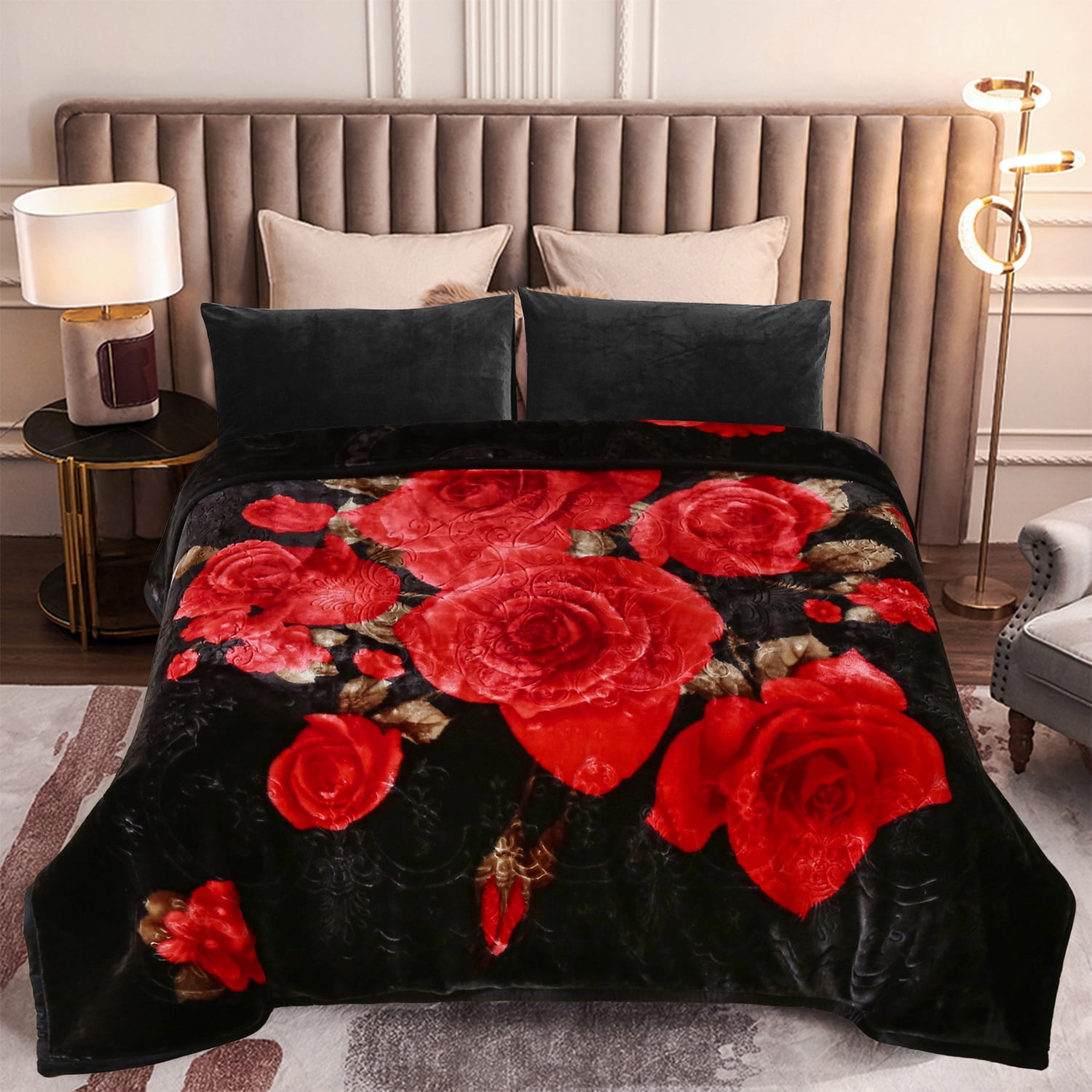 MERRY HOME King Size Fleece Blanket For Bed, A & B Patterns Soft Warm Floral Blanket, Microfiber Plush Middle Weight Bed Blanket For All Season, Black Background Red Rose/ Peony, 5.7LB, 83"x91"