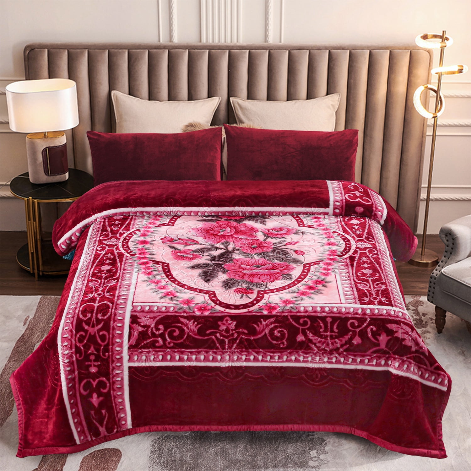 MERRY HOME King Size Fleece Blanket For Bed, A & B Patterns Soft Warm Floral Blanket, Microfiber Plush Middle Weight Bed Blanket For All Season, Red Background Pink Peony/Peony, 5.7LB, 83"x91"