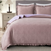 MERRY HOME Quilt Set ,3 Pieces Velvet Bedspread Coverlet Set with Pillowshams,Soft Lightweight Quilt,Queen ,Rose
