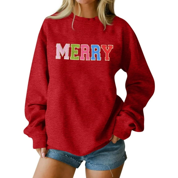MERRY Women's Fashion Casual Long Sleeve Loose Christmas Printed Round Neck Pullover Hoodie Sweatshirt for Festive Occasions and Warmth