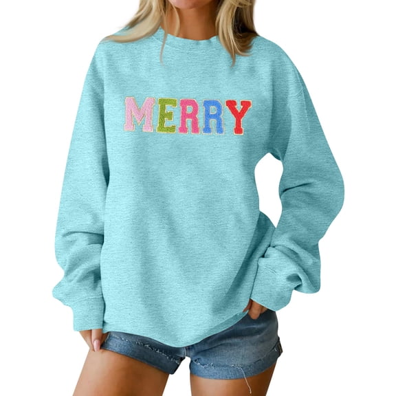 MERRY Women's Fashion Casual Long Sleeve Loose Christmas Printed Round Neck Pullover Hoodie Sweatshirt for Festive Occasions and Warmth