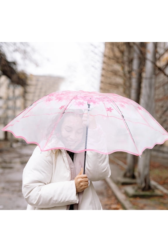 Lightweight Pink Travel Umbrella with Transparent Floral Design for Outdoor Use