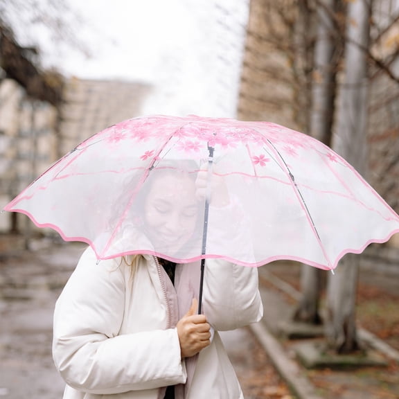 MERRYHAPY Lightweight Pink Travel Umbrella with Transparent Floral Design for Outdoor Use