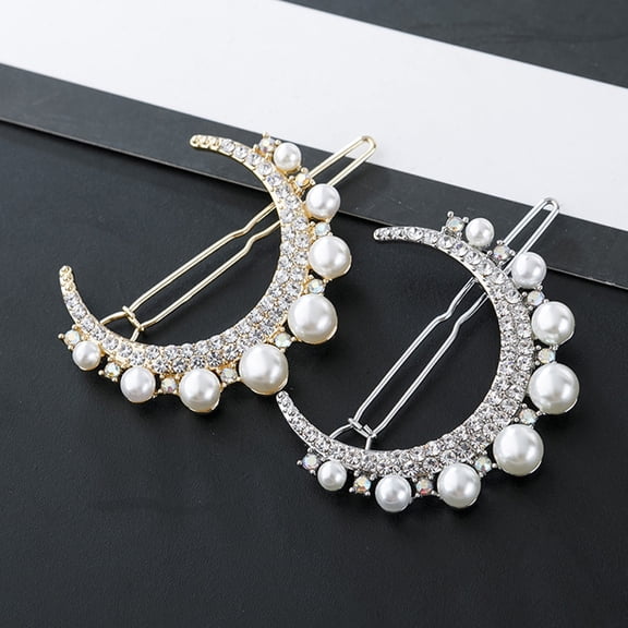 MERRYHAPY 2Pcs Rhinestone Bobby Pins Moon Shaped Hairclamps with Artificial Pearls Assorted Color Hair Accessories