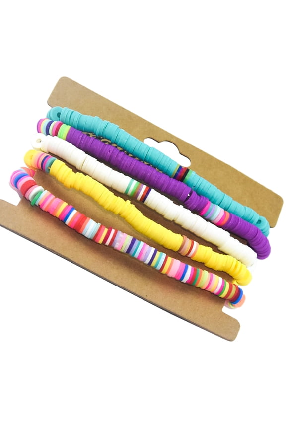 5-Piece Bohemian Stretch Bracelets Set with Assorted Color Polymer Clay Flat Beads Lightweight Wrist Jewelry