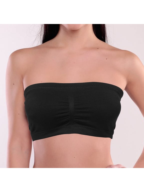 Black Strapless Bandeau Bra, Double Layer, Removable Pads, Elastic Comfort