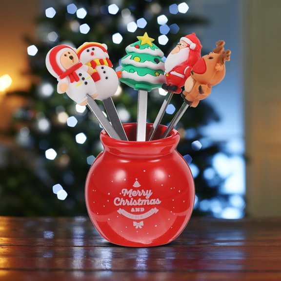 MERRYHAPY 1Set Christmas Flatware Fruit Forks for Salad Cakes Bar Cafe Silicone Ceramic Steel