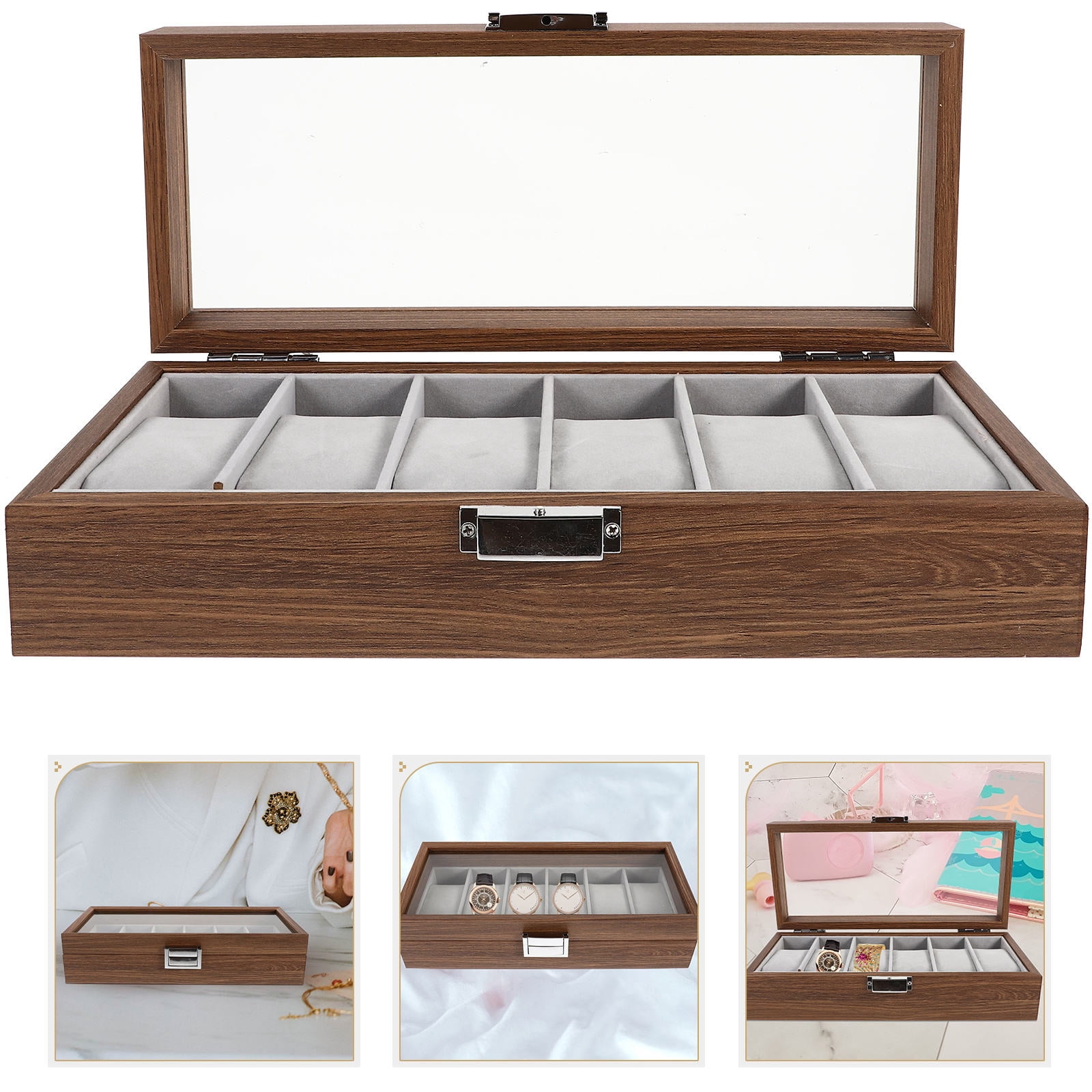 MERRYHAPY Watch Organizer Box, Wooden Metal Glass Jewelry Case, Multi ...