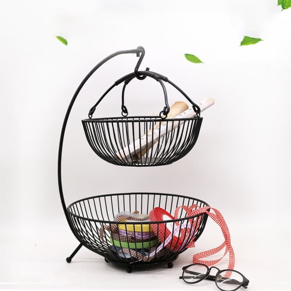 MERRYHAPY Multi Function Black Desktop Fruit Basket with Hanging Shelf for Grapes and Bananas
