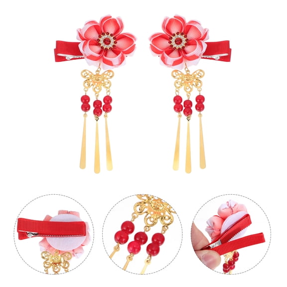 MERRYHAPY Red Japanese Style Flower Hair Clip Hairpin for Kimono Decoration Lightweight Cotton Material 1 Pair
