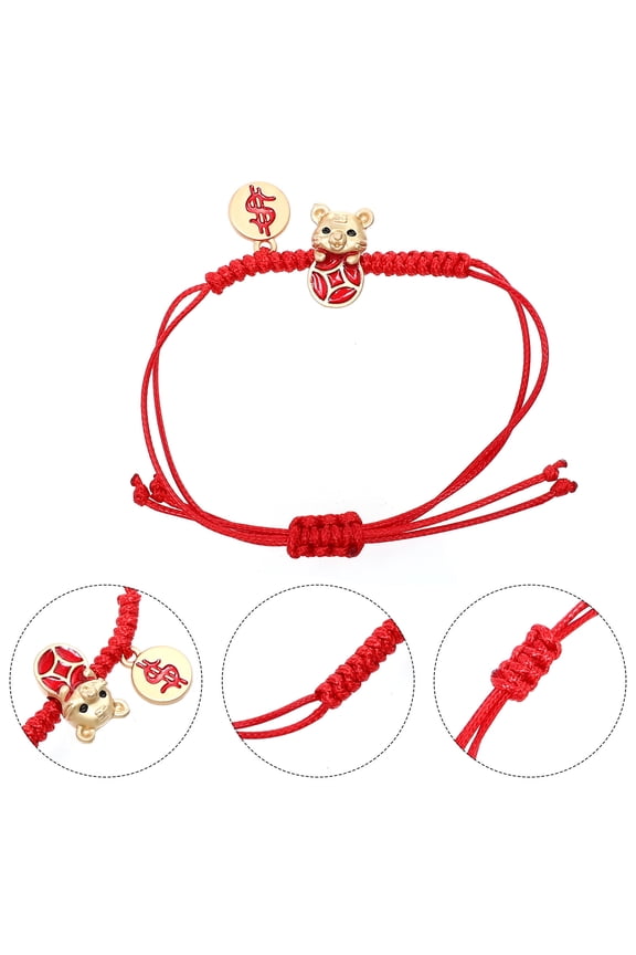 Adjustable Red Rope Bracelet with Tiger Year Amulet, Protective Blessing Cord Chain Featuring Knots for Good Luck