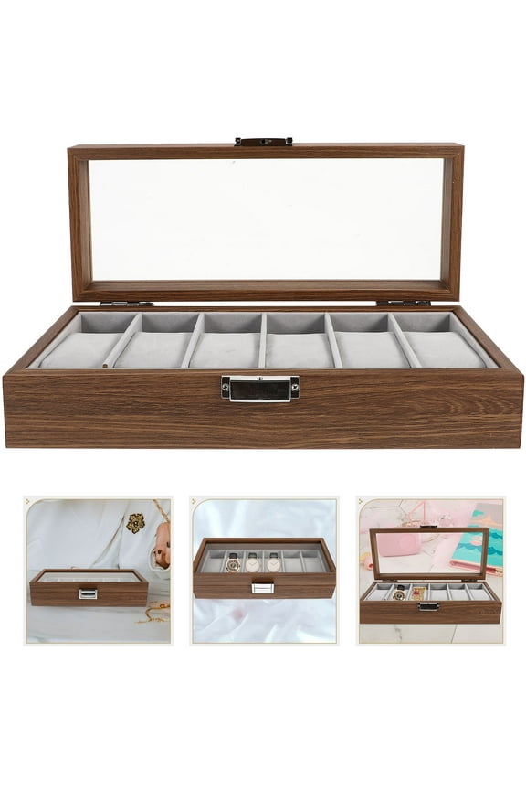 Wooden Watch Display Box with 6 Slots, Multi-Color, Metal and Glass Design, Perfect for Home and Travel Storage