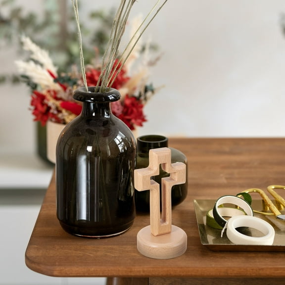MERRYHAPY 1Set Wooden Cross with Stand Light Brown Decorative Home Decor for Living Room