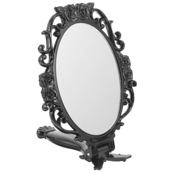 Angoily Retro Black Circle Handheld Vanity Mirror for Makeup, Portable Folding Antique Plastic Travel Mirror with Flowers Design
