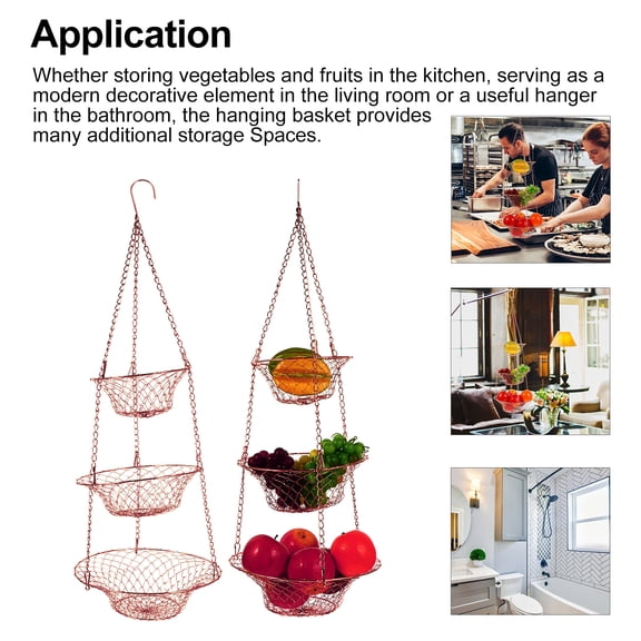 3 Tier Copper Wire Hanging Fruit Basket, Foldable Metal Storage Organizer for Kitchen Fruits and Vegetables, 29.9 x 11 x 9.8 Inches