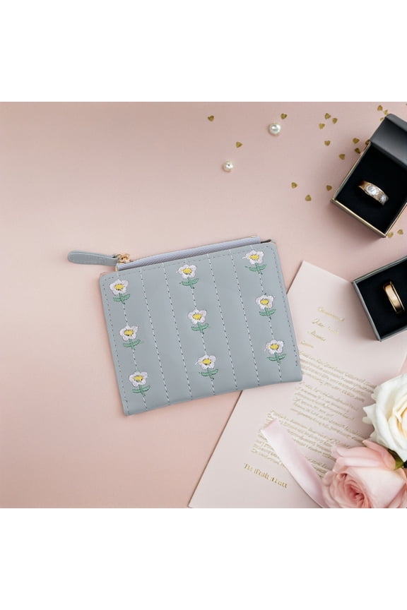 Mini Green PU Purse 1 Pack Embroidered Card Holder Wallet for Women Everyday Use