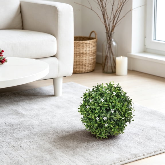 MERRYSO Artificial Boxwood Topiary Ball with White Flowers,7.8" Hanging Faux Plant for Porch & Garden
