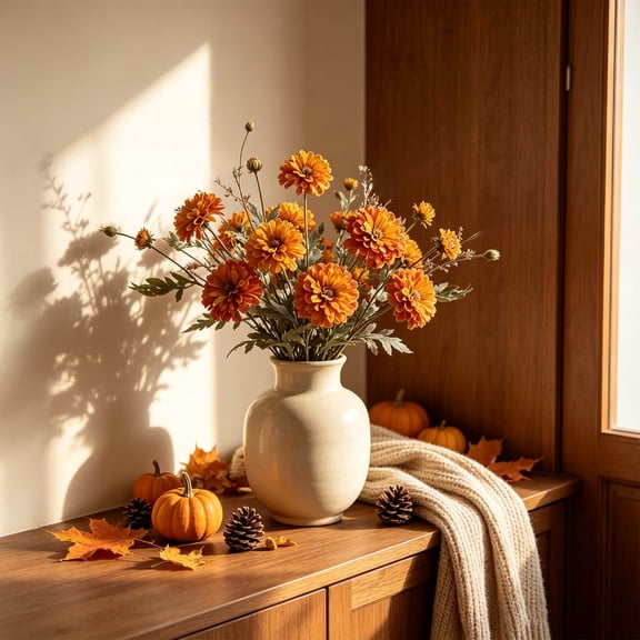 MERRYSO Artificial Fall Chrysanthemum Stem,Orange Dried Look Faux Flower Pick,20.9 in Long Stem for Vase,Table,Home Decor
