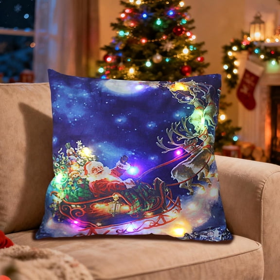 MERRYSO Christmas LED Throw Pillow Cover, Light Up Plush Decorative Cushion for Sofa, 17.7 x 17.7 in, Holiday Gift, 2 AA Batteries Required