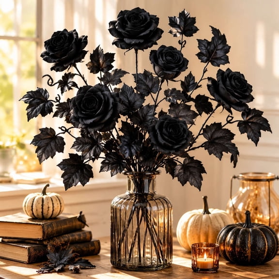 MERRYSO Halloween Black Rose Floral Picks,18.9 in Faux Stems for Vase and Door Decor