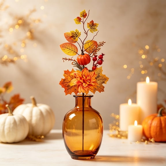 MERRYSO Halloween Decorationsn Artificial Maple Leaf Pumpkin Fall Thanksgiving Centerpiece Artificial Sunflower Bouquet Vase Decor 21.26 in,a single autumn floral pick