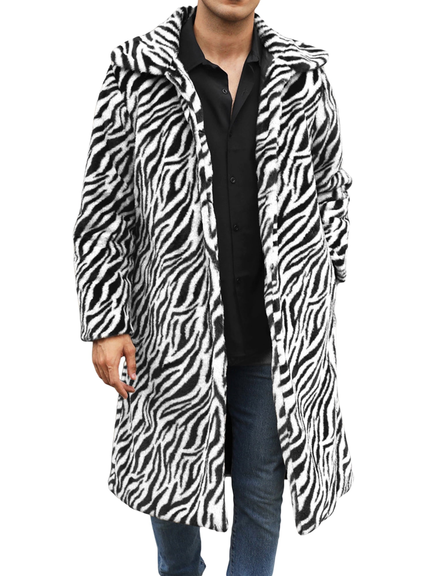 MERSARIPHY Men Faux Fur Coat Winter Warm Long Sleeve Leopard Zebra Print Long Jacket Open Front Overcoat Winter Outwears