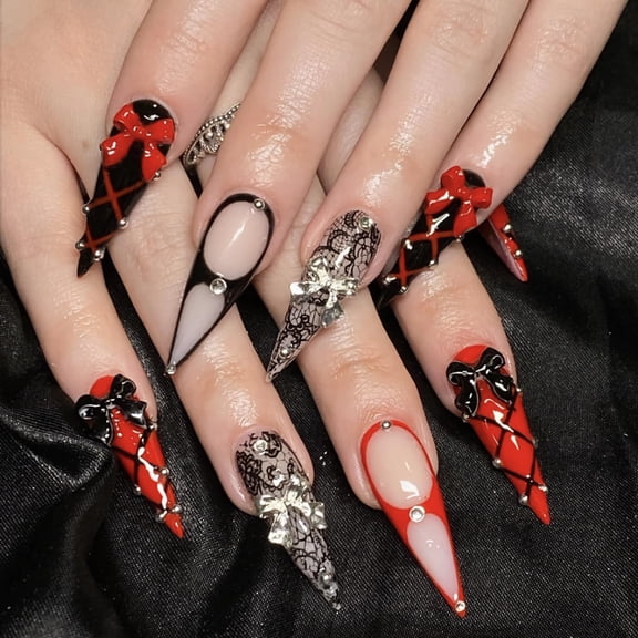 MERVF Long Stiletto Press on Nails Goth Fake Nails Red Black Glue on Nails 3D Bow Press ons with Rhinestones Charms Design Almond Acrylic Goth Gyaru False Nails for Women Glossy 24pcs ALT2