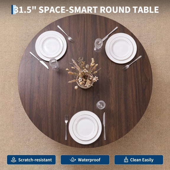 MERXENG 31.5-Inch Round Dining Table with Pedestal Storage, Dark Walnut