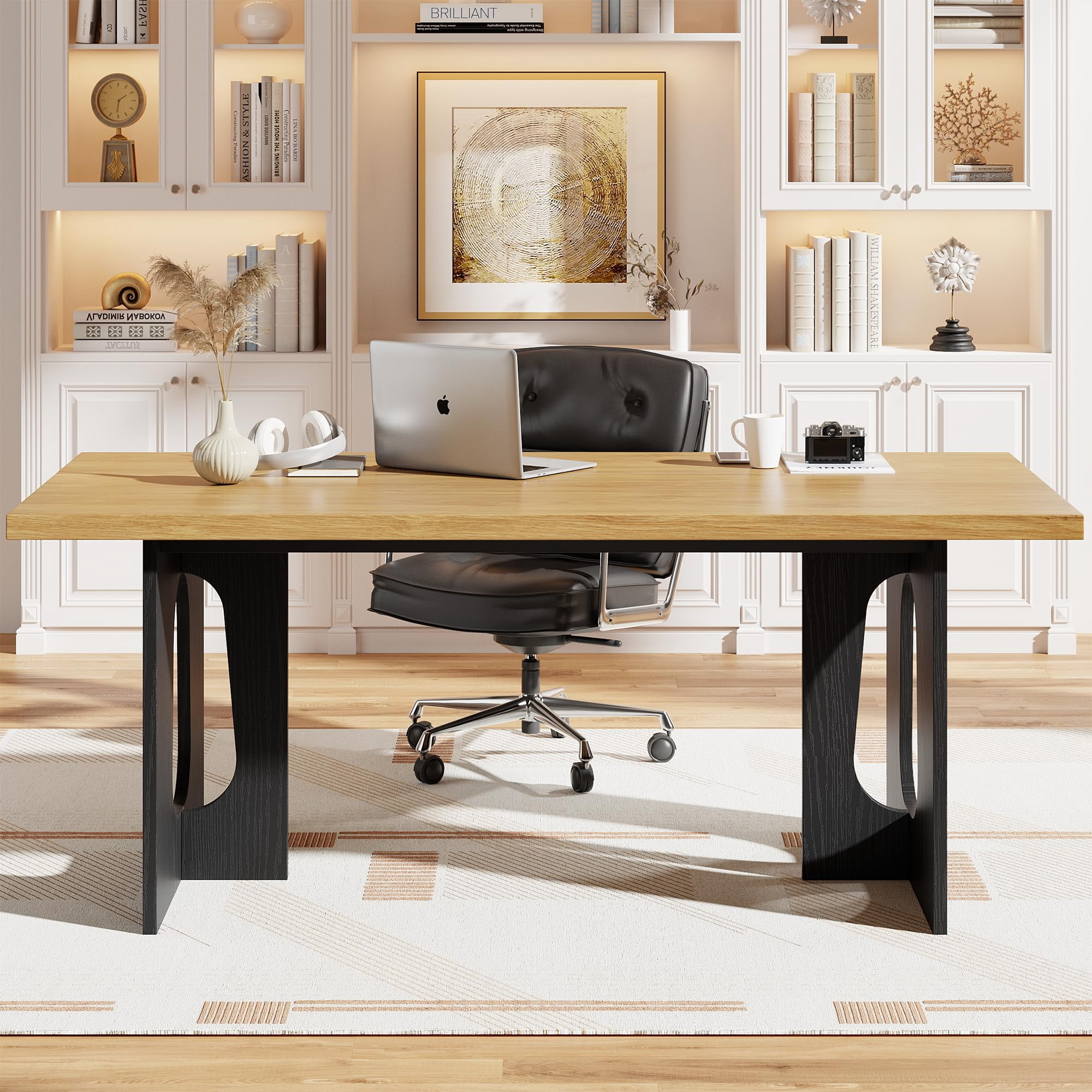 Rectangular Shape Dining Table MERXENG Rectangular Pedestal Dining Table, T-Shaped Pedestal Base ...