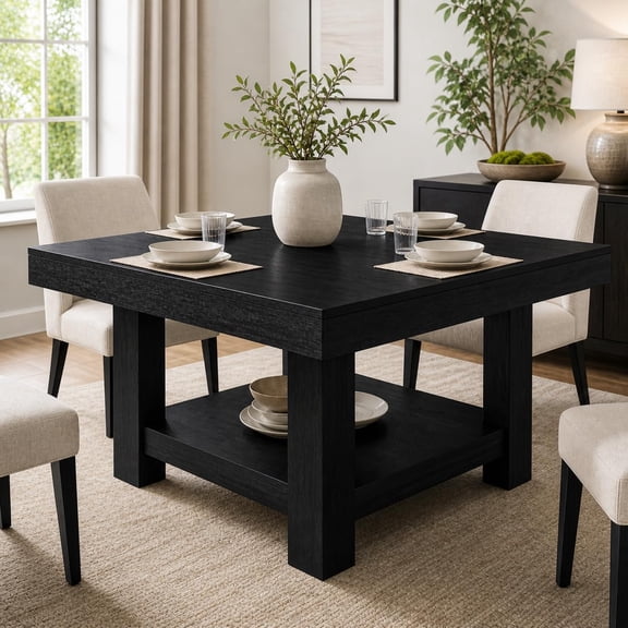 MERXENG Square Dining Table with Storage, Triangular Supports, Black