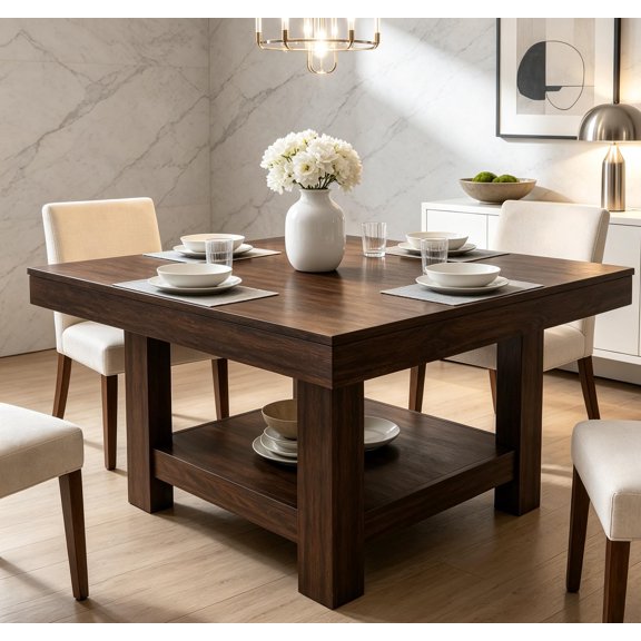 MERXENG Square Dining Table with Storage, Triangular Supports, Dark Walnut Finish Brown